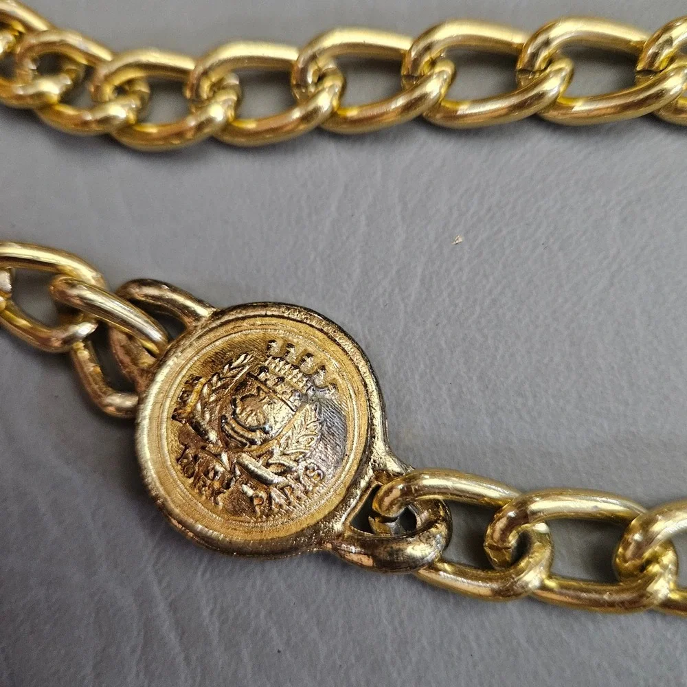 Vintage Gold Tone Triple Strand Chain Belt Crest Medallion 42